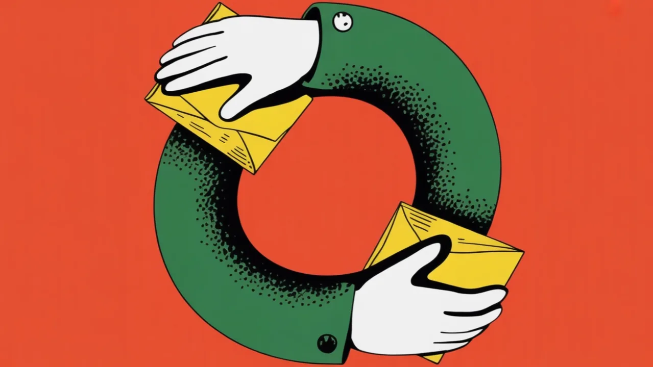 Illustration of a green ouroboros — a ring formed of two arms, each hand holding a yellow envelope by the other's tail — on a coral background.