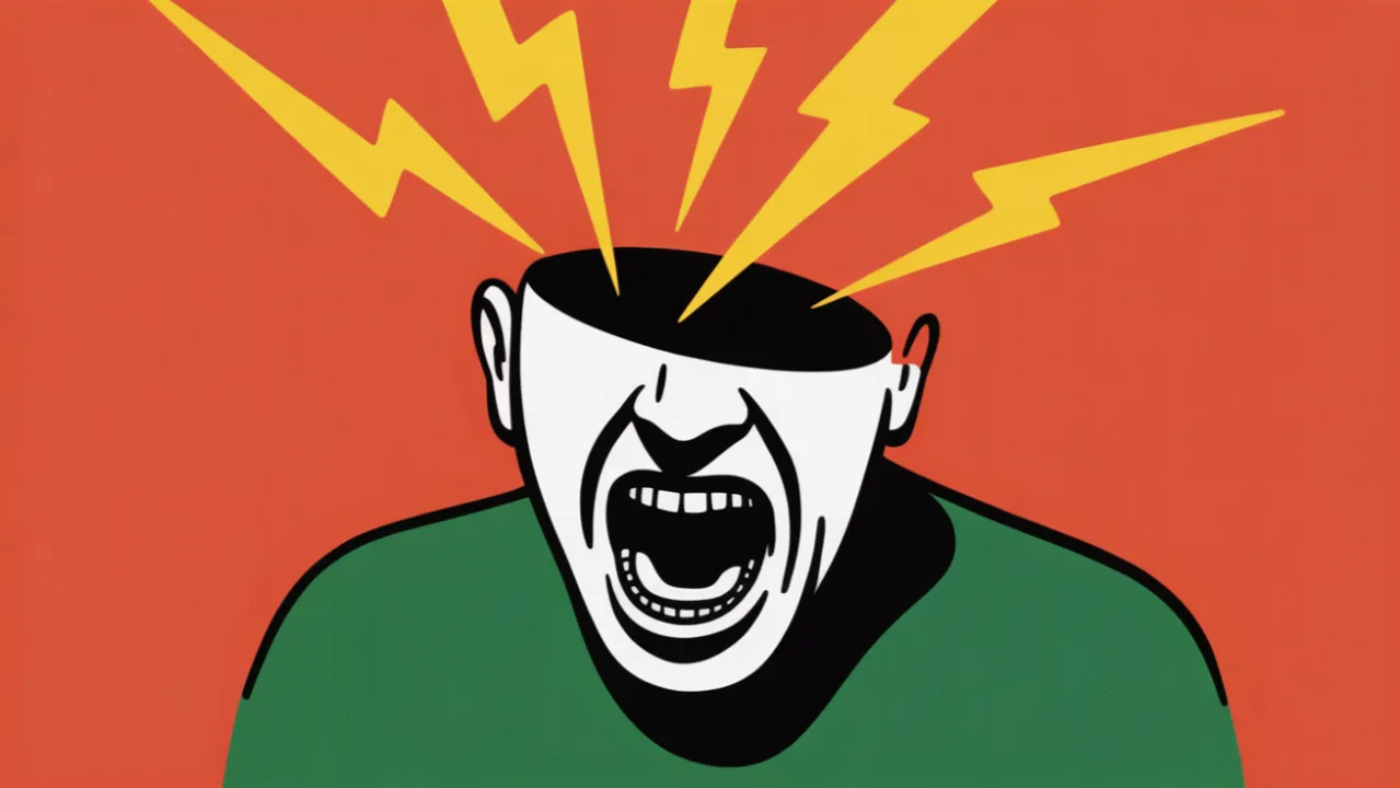 Illustration of a person with the top of their head open, screaming, as yellow lightning bolts shoot out, on a coral background.