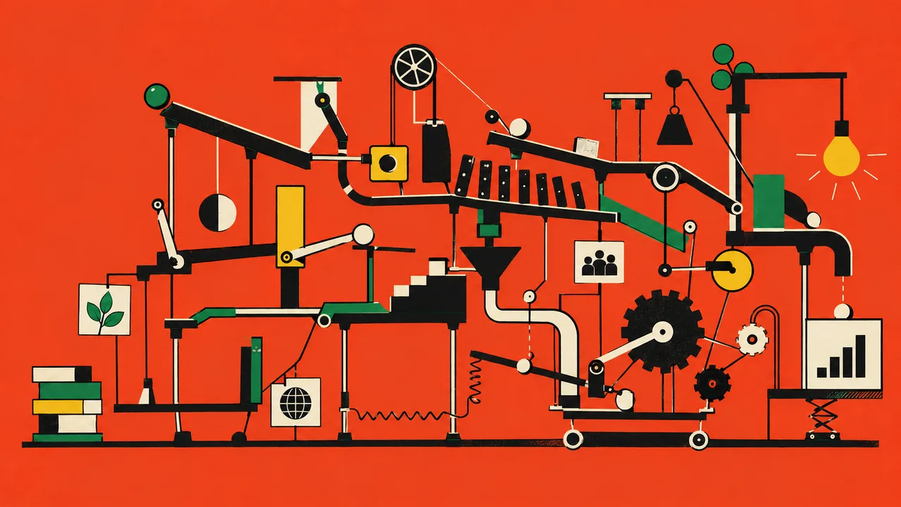 Illustration of a red Rube Goldberg machine, a tangle of gears, pulleys, ramps and pipes connecting a stack of books, a lightbulb, a bar chart and a network icon, on a coral background.