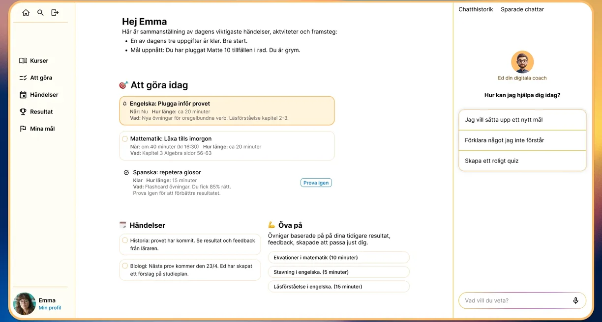 Ed, a study-buddy AI concept, shown as a student dashboard: a "Att göra idag" task list of today’s study tasks on the left and centre, and Ed’s chat panel on the right asking "How can I help you today?"
