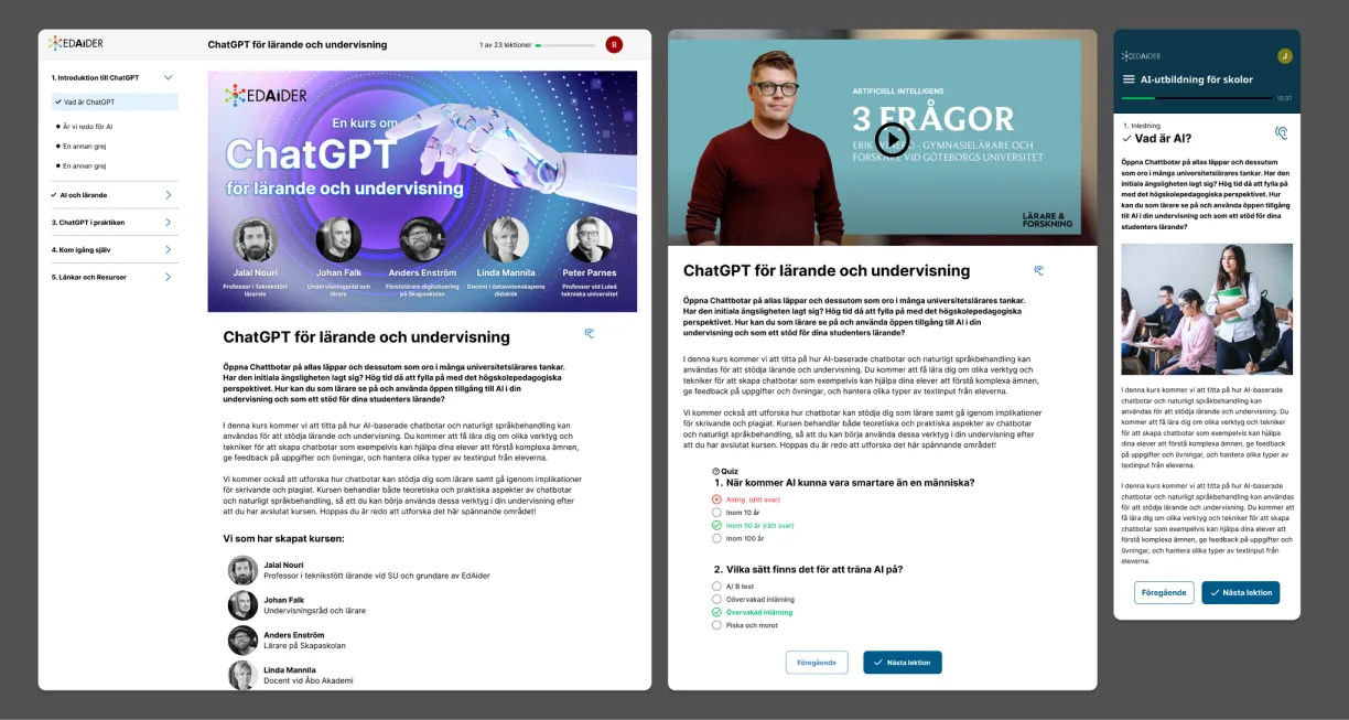 Three views of the EdAider course "ChatGPT för lärande och undervisning": a desktop lesson page with a chaptered sidebar listing five modules, a video lesson with a multiple-choice quiz, and a condensed mobile lesson view with progress indicator and next-lesson button.
